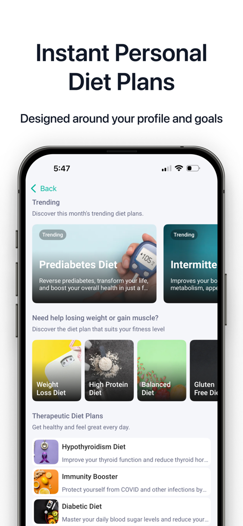 Hint Diet Plan Calorie Counter - Pantalla móvil que muestra varios planes de dieta personalizados, incluyendo pérdida de peso para prediabéticos y opciones terapéuticas