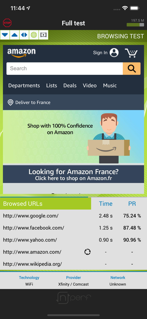 Interfaz de la aplicación móvil nPerf que muestra resultados de pruebas de navegación del mundo real para sitios web populares como Google y Amazon
