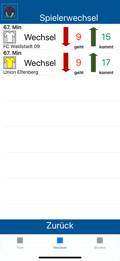 Screenshot of a soccer referee app showing player substitution logs for two different teams with player numbers and game time
