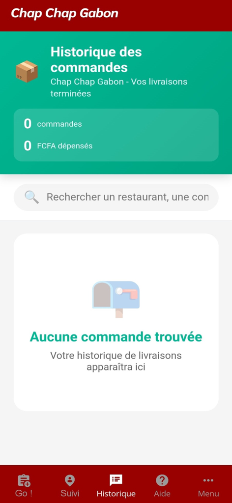Chap Chap Gabon - Captura de pantalla de la pantalla del historial de pedidos de la aplicación móvil Chap Chap Gabon que no muestra pedidos anteriores.
