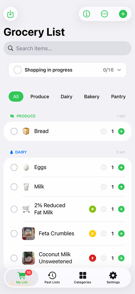 Grocery/ShoppingList - Grocery shopping list displaying items with Nutri-Score health ratings