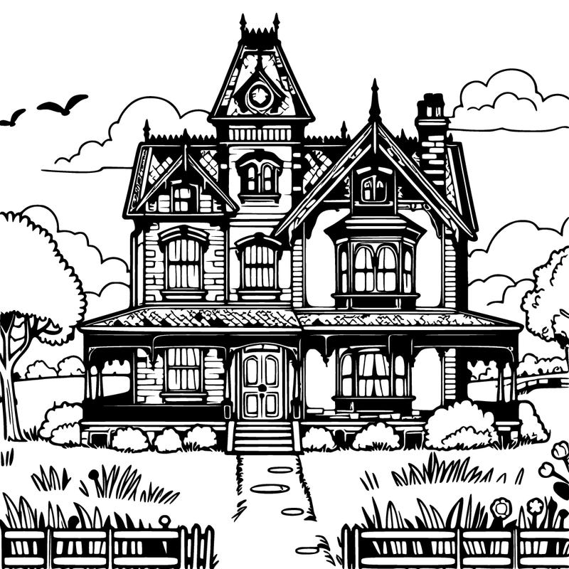 victorian house with beautiful sky and a field with trees