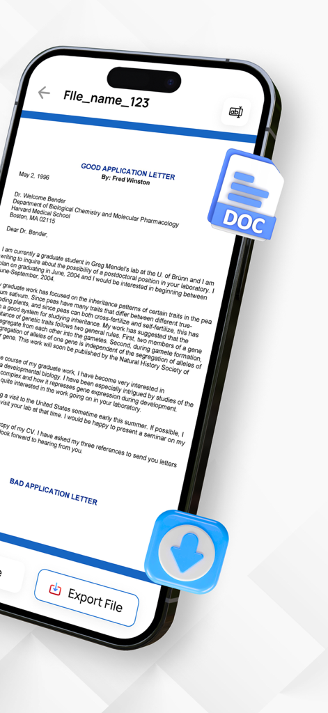 iPhoneの画面。Word形式でエクスポートする準備ができた文書が表示されています。