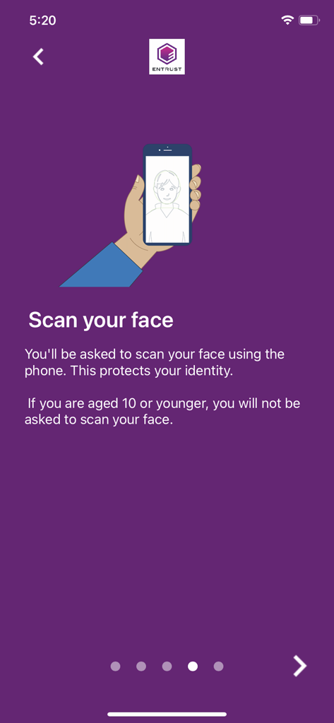 IDVaaS - IDVaaS app instruction screen for facial scanning with a purple background and an illustration of a hand holding a smartphone.