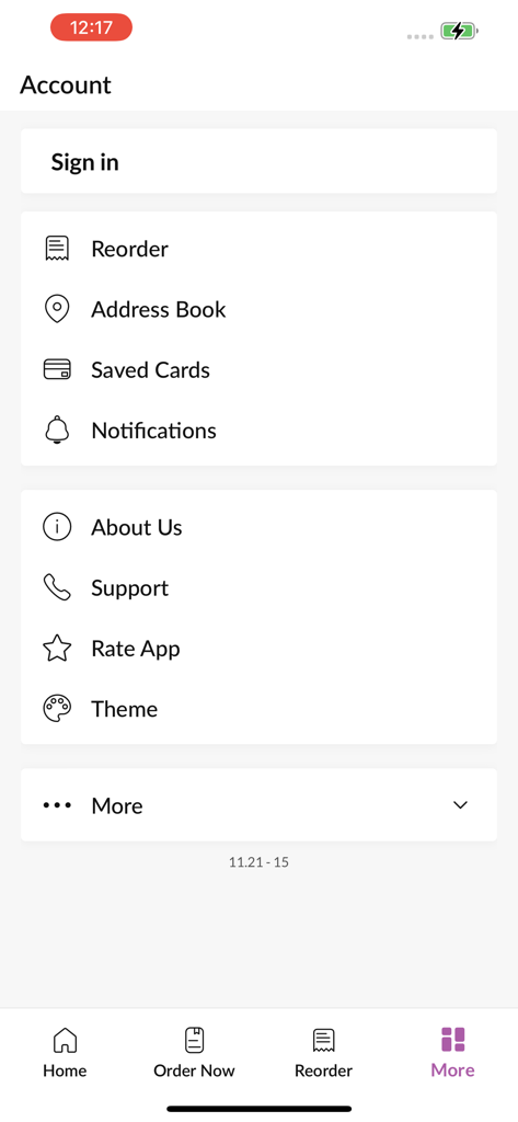 Red Rooster - Red Rooster App-Kontooberfläche mit Menüoptionen für Anmeldung, Nachbestellung, Adressbuch und gespeicherte Karten.