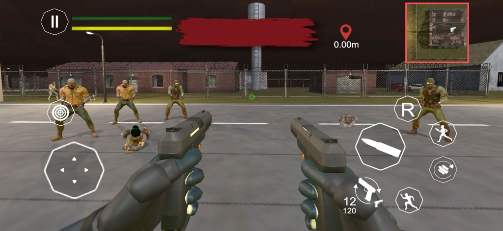 Zombie Games Survival Shooting - Vista en primera persona de un personaje apuntando pistolas duales a zombies en un juego de supervivencia.