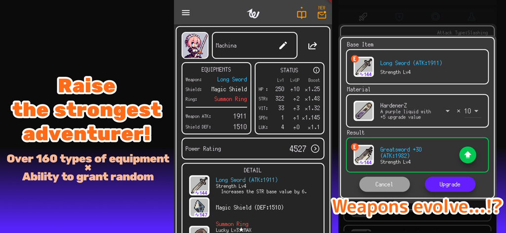 Whipper - Idle RPG - Interface of Whipper Idle RPG showing character status and weapon evolution system.