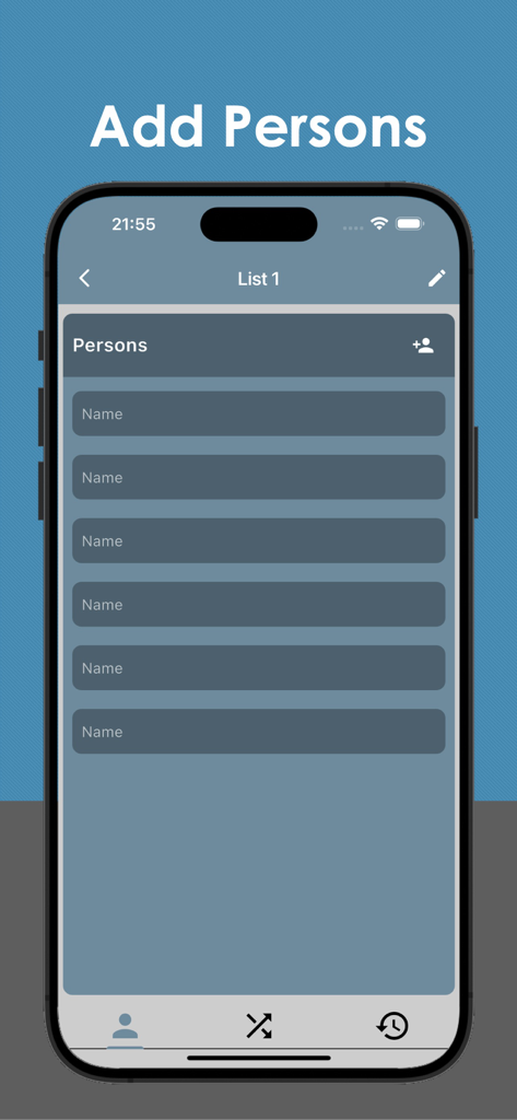 A mobile app interface displaying a list with several name input fields to add persons for team generation