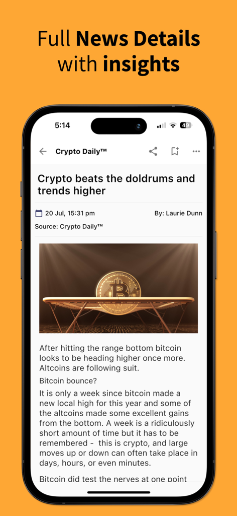 Vista detallada de un artículo de noticias sobre criptomonedas en la aplicación Crypto Daily que muestra información del mercado de Bitcoin.