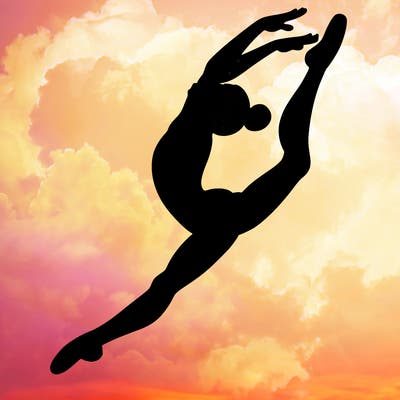 gymnast doing a leap in a leotard with a bent back leg