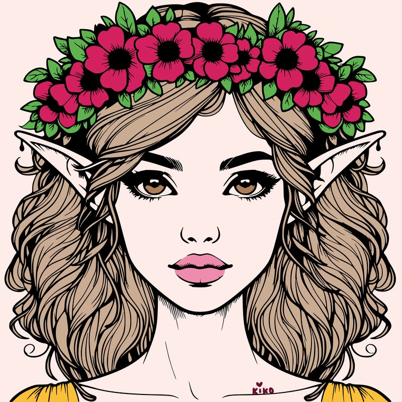 realistic female elf with flower crown