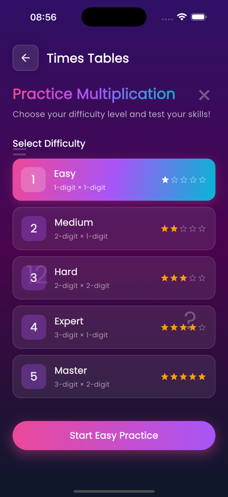 MathsVibes - Bildschirm mit fünf Schwierigkeitsstufen für die Multiplikationsübungen in der MathsVibes-App