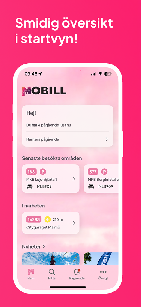 Mobill - Parking & Charging - Mobill app home screen displaying ongoing parking sessions and nearby electric vehicle charging stations