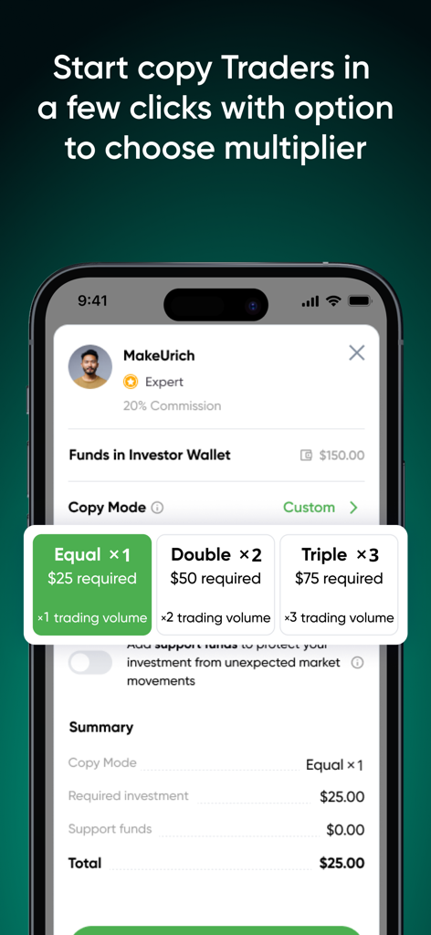 JustMarkets Copytrading - JustMarkets Copytrading app interface showing options to choose between equal double or triple multipliers when copying a trader