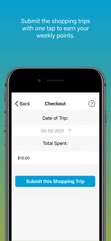 Checkout screen in the Scan n Go app showing the date of trip and total spent with a button to submit the shopping trip to earn points.