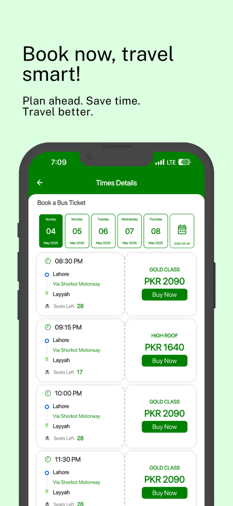 Baloch Transport - Mobile app screen showing bus ticket schedules and prices for luxury travel from Lahore to Layyah with Gold Class and High Roof options.
