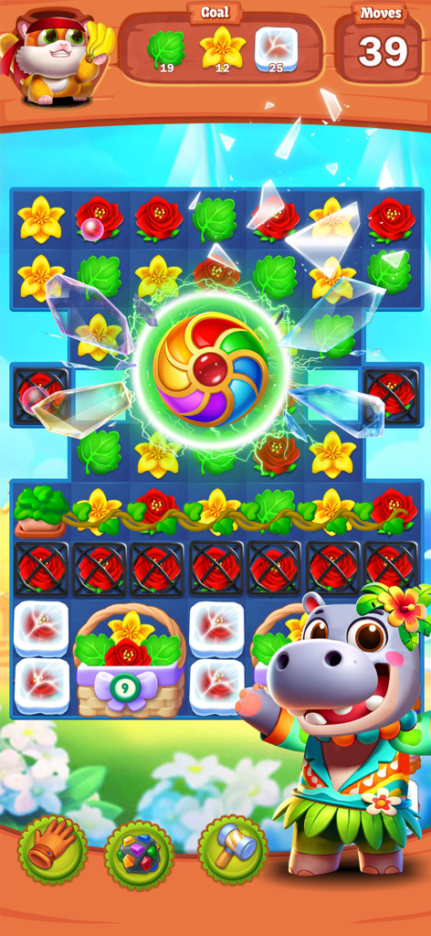 Blossom Sort 2026 - Gameplay of Blossom Sort 2026 showing a floral match 3 board with a rainbow booster and a friendly hippo character