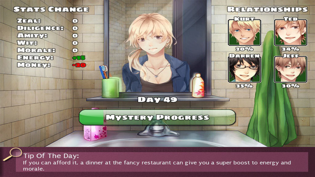 Nicole - Nicole dating sim gameplay screen showing character stats and relationship progress with four potential interests