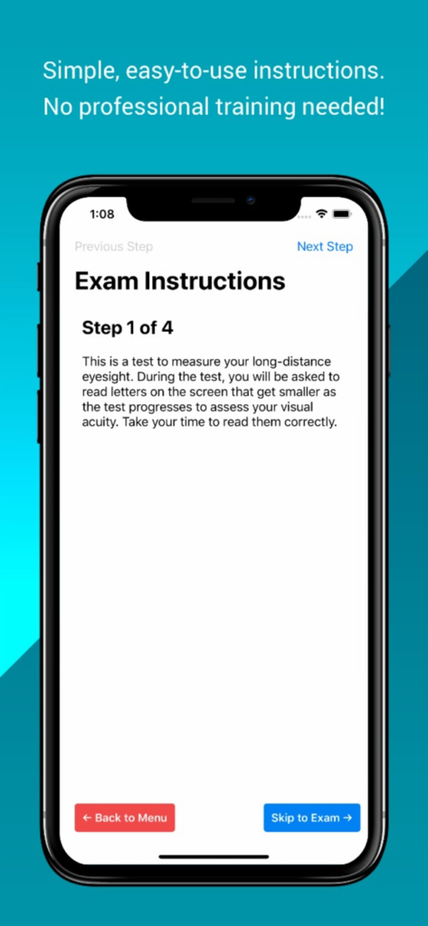 OcularCheck: Acuity Exam - Tela do aplicativo OcularCheck mostrando instruções fáceis de seguir para o exame de vista