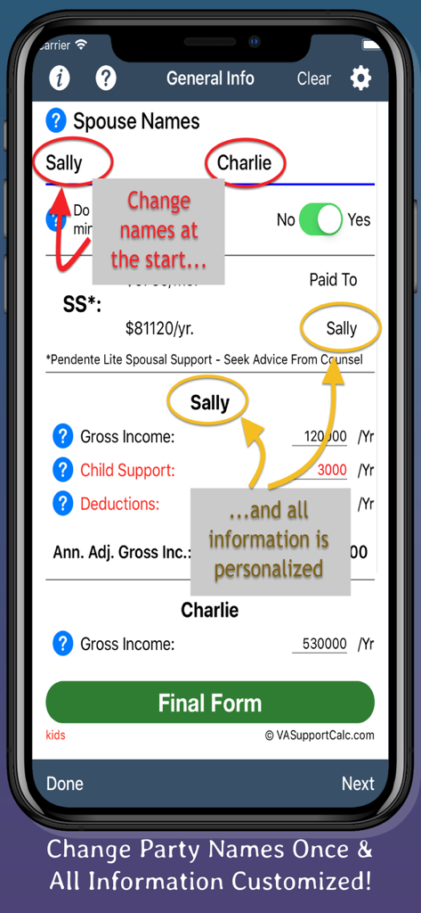 Mobile app screen showing personalized data entry fields for spouse names and income in a Virginia divorce calculator