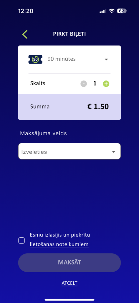 Rīgas satiksmes koda biļete - リガ交通アプリのインターフェースには、90分間有効な公共交通チケットを1.50ユーロで購入するための画面が表示されています