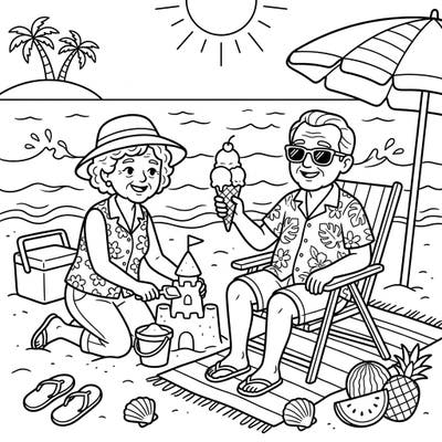 Join a heartwarming scene where loving grandparents are enjoying a perfect summer day at the beach. This delightful coloring page captures the joy of family vacations, complete with sandcastles, ice cream, and sunshine.