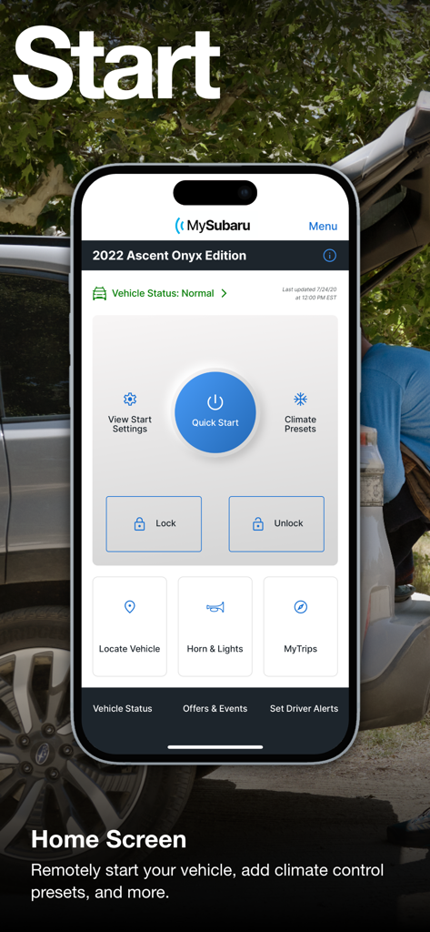 MySubaru app home screen with remote start and vehicle lock controls