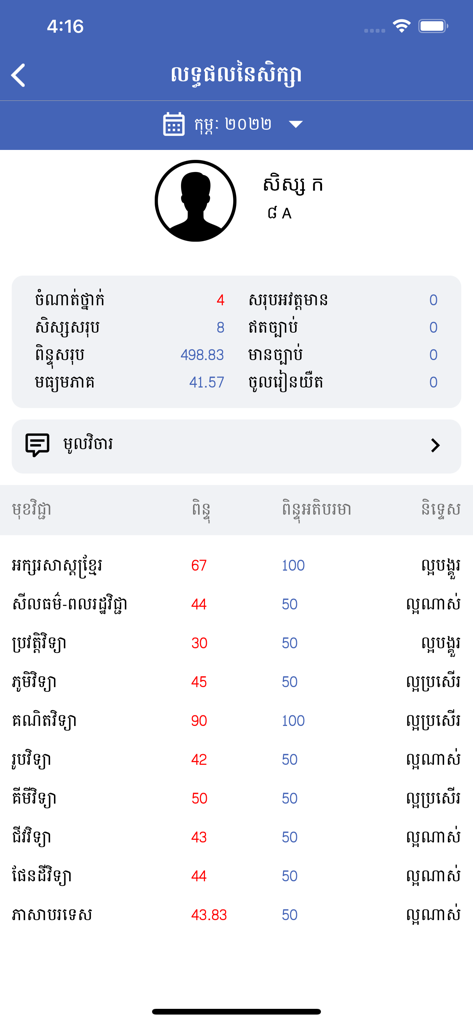 PSIS Mobile - Uma tela de aplicativo móvel exibindo os resultados de estudo de um aluno, notas e um resumo da frequência em khmer.