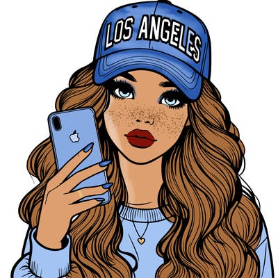 realistic beautiful girl wearing los ángeles cap holding an iphone
