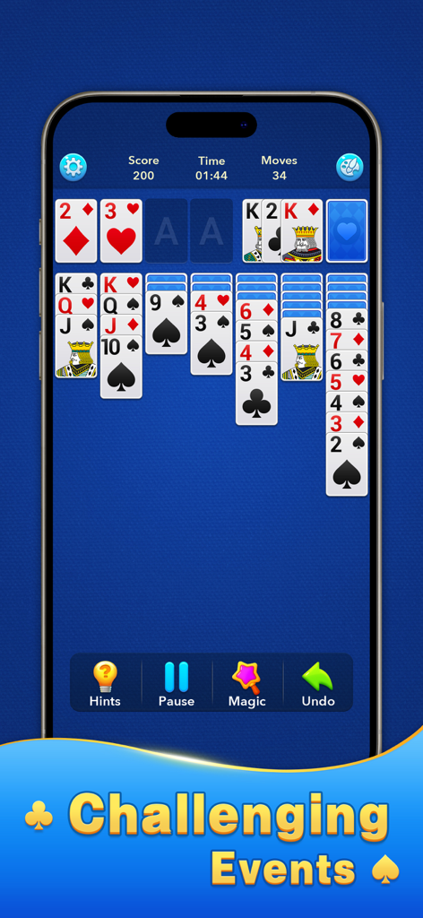 Solitaire Klondike! - Solitaire Klondike mobile game screen showing a classic card layout with challenging events text