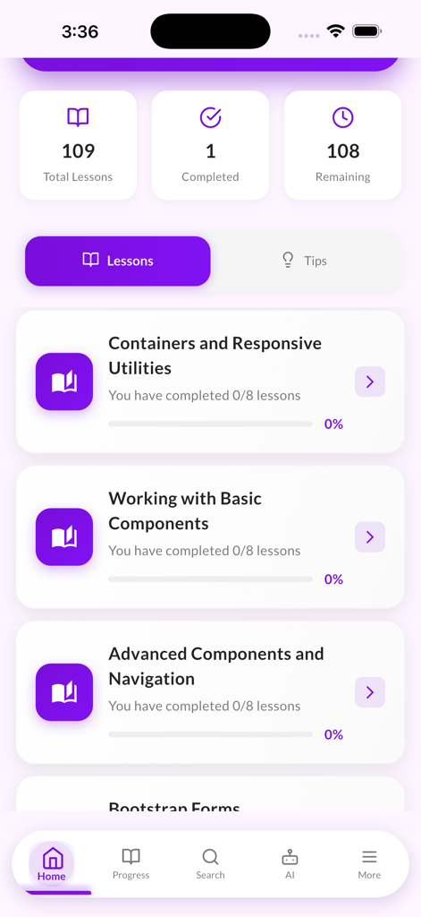 The home screen of the Learn Bootstrap CSS app displaying a curriculum of web development lessons and a progress tracker.