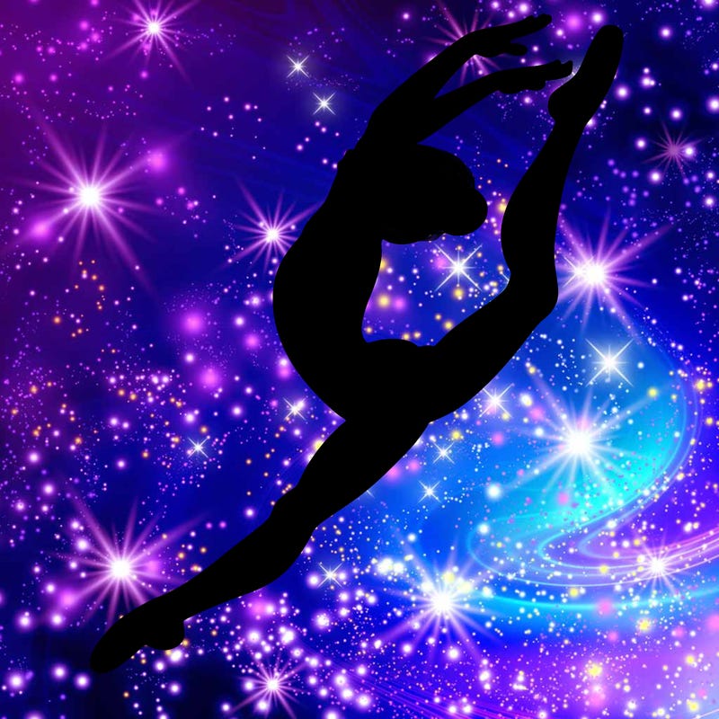 gymnast doing a leap in a leotard with a bent back leg