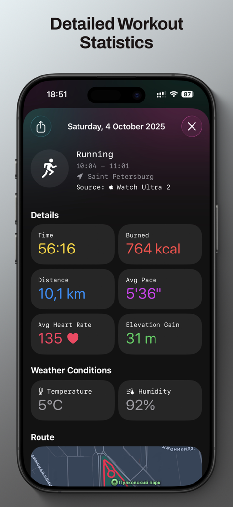 Un écran d'application mobile montrant des statistiques détaillées d'entraînement de course, y compris la distance, les calories brûlées et la fréquence cardiaque