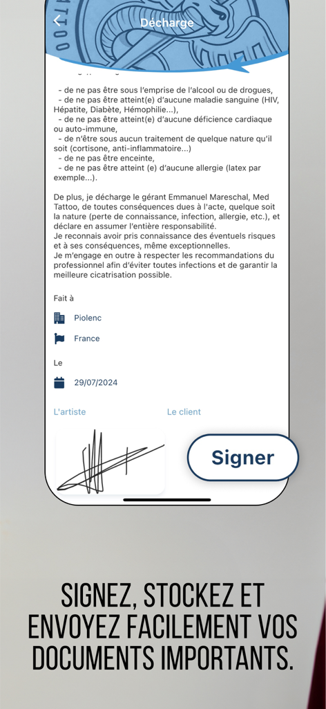 Tattoomorrow - A digital consent form interface on the Tattoomorrow mobile app with a signature area for tattoo artists and clients.