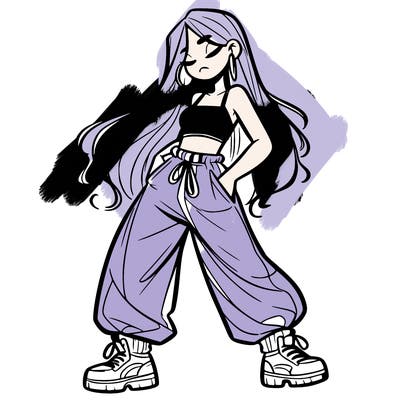 girl in baggy pants crop top and long hair