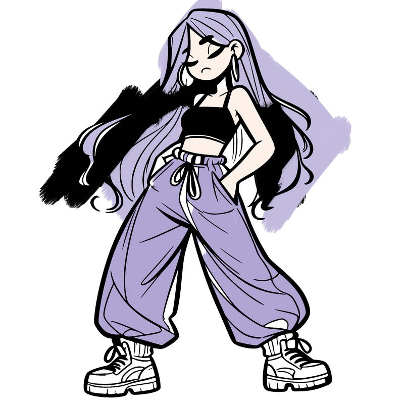 girl in baggy pants crop top and long hair