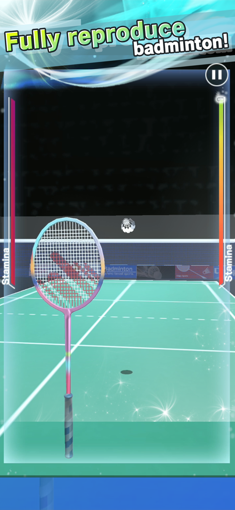 Badminton 3Ｄ - First person gameplay view of a badminton racket and shuttlecock on a 3D court