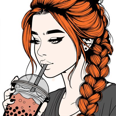 realistic girl drinking boba tea with braided hair