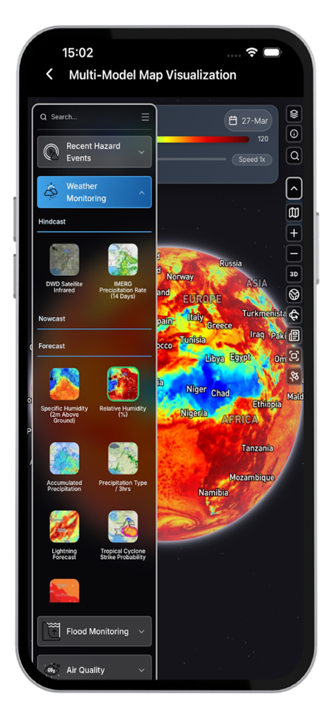 Global Disasters Early Warning - A 3D globe map displaying weather patterns and hazard monitoring options in the Global Disasters Early Warning app interface.
