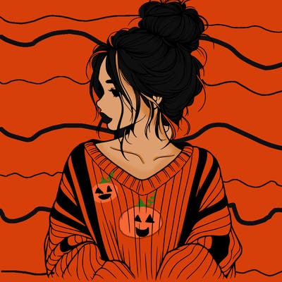 realistic girl wearing a messy bun and an oversized sweater