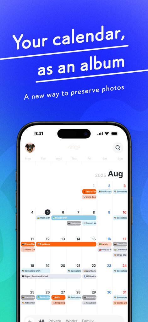 ADAY Simple schedule calendar - ADAY calendar app interface showing a monthly schedule for August with colorful event tags and the slogan Your calendar as an album
