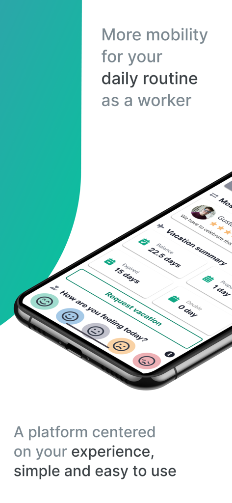 Waapi - Smartphone displaying the Waapi app interface with vacation summary details and a happiness index mood tracker.