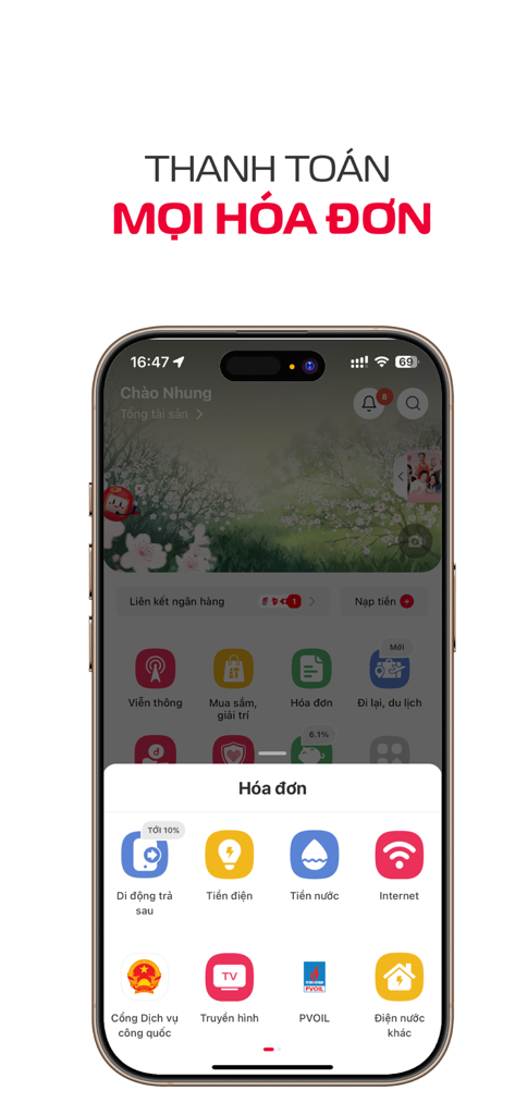 Viettel Money app interface showing utility bill payment options for electricity water and internet