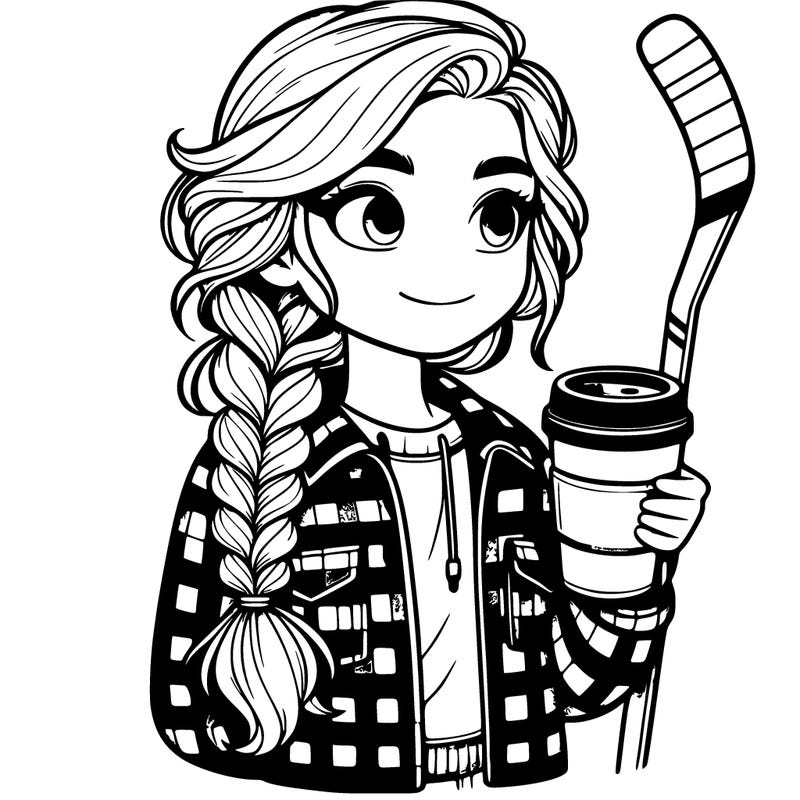 a realistic girl wearing a braid and a plaid jacket and holding a cup of coffee and a hockey stick