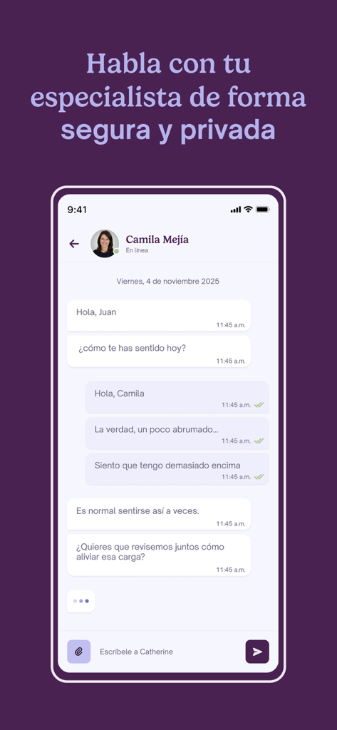 Selia: Bienestar Mental - Seliaアプリの安全なチャットインターフェース。ユーザーとメンタルヘルス専門家間のスペイン語でのプライベートな会話が表示されています。