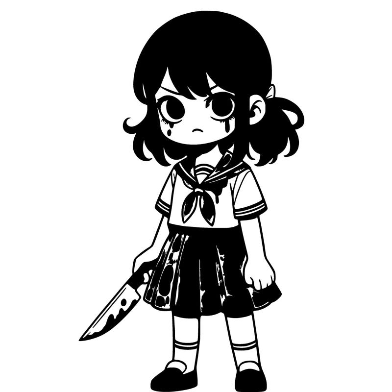 a girl in a school uniform, short sleeves, slightly frowning with blood on her skirt and shirt with a knife in her hand too, and medium black hair in a ponytail.