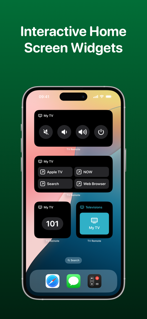 TV Remote - Universal Remote - Tela inicial do iPhone mostrando widgets interativos de controle remoto de TV para volume, energia e controle de aplicativos