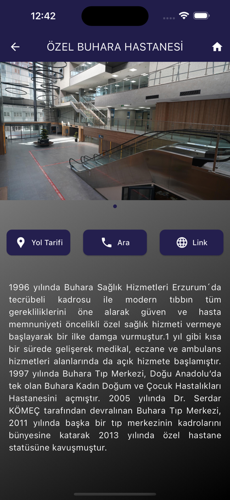 Buhara Hospital about us screen with interior photo and hospital history