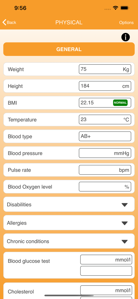 HealthDocs app screen for tracking physical health metrics including weight height BMI and blood type