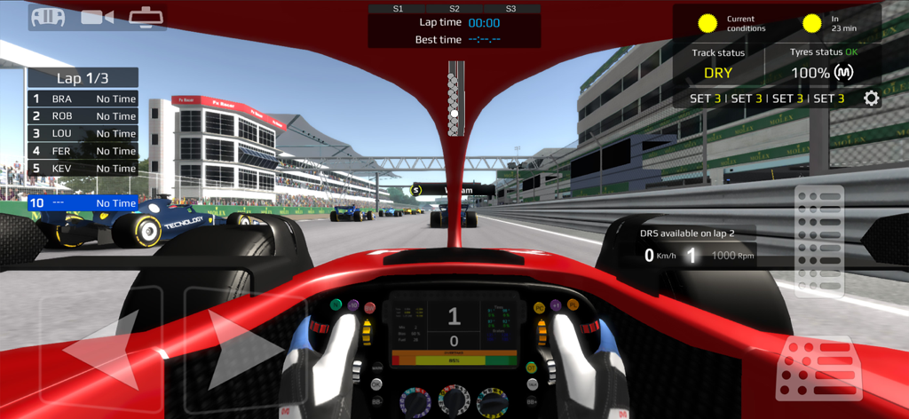 Fx Racer - Visão do cockpit em primeira pessoa de um carro de corrida de Fórmula 1 no Fx Racer com painel e HUD